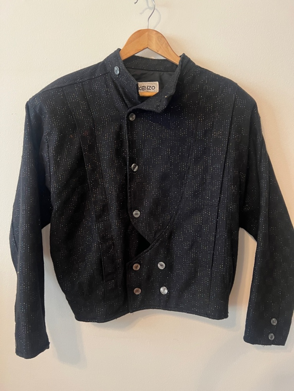 Vintage Kenzo Black Speckled Asymmetric Button Jacket (w/ shoulder pads).